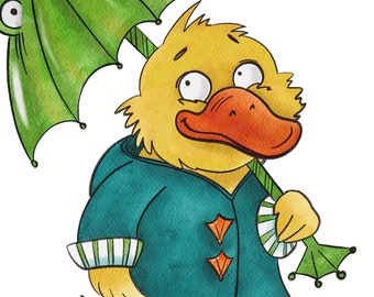 Duckling in a raincoat and rubber boots with a frog umbrella, png, greeting card, clip art