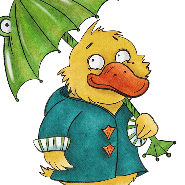 Duckling in a raincoat and rubber boots with a frog umbrella, png greeting card