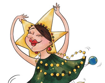 Christmas Star Girl Clip Art: Green Dress, Lights (Digital Download)