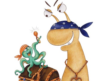 Pirate Snail & Octopus Treasure Chest Illustration (PNG, JPG)
