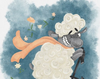 Smiling sheep riding a retro bicycle with flowers, spring, season, png, greeting card