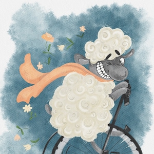 Mouton souriant, faire du vélo rétro avec des fleurs, printemps, saison, png, carte de voeux