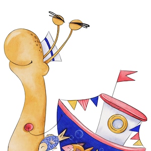 Sailor Snail mit einem Boot und Fischkartenaufkleberdruck. Clip Art, Scrapbooking, digitaler Download