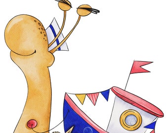 Sailor Snail with a boat and fish card sticker print. Clip Art, scrapbooking, digital download