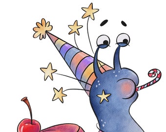 Birthday Snail Clip Art: Party Hat, Cake, Stars (PNG Digital Download)