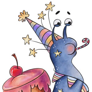 Verjaardagsslakprint in een carnavalshoed met sterren die op feesttoeter blazen en een cake met een kers op de top. Illustraties, png, digitale download