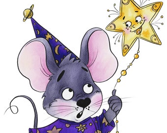 Stargazer in a starry coat and hat catching a smiling star. Clip Art, scrapbooking, digital download