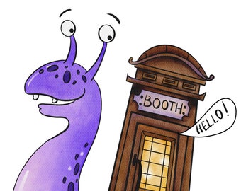 Smiling Snail with a vintage telephone Booth, illustration, PNG