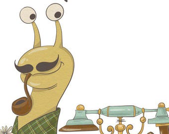 Vintage Snail digital print with rotary phone smoking a pipe illustration, PNG, Clip Art