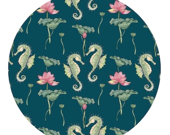 Double seahorse seamless pattern with lotus and lotus leaves