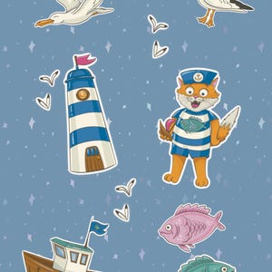 Collezione di adesivi nautici stravaganti: faro, gatto marinaio, gabbiani e altro ancora per anime creative! Clip Art, PNG