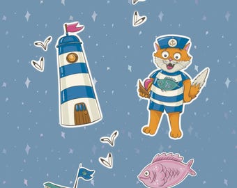 Nautical Sticker Collection: Sailor Cat, Lighthouse, Seagulls (PNG)
