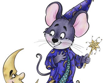 Stargazer mouse digital print in a starry coat, hat, and the laughing Moon. Clip Art, PNG
