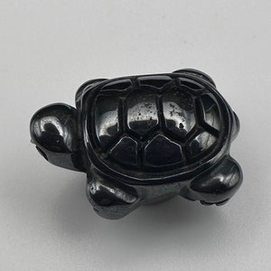 May include: A black, polished, carved turtle figurine made of hematite.
