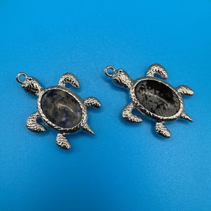 Può includere: Due ciondoli a forma di tartaruga color argento con centri in pietra ovale. Uno ha una pietra blu e bianca, l'altro una pietra nera e grigia. I ciondoli hanno dettagli strutturati sul guscio, sulla testa e sulle pinne. Lo sfondo è blu.
