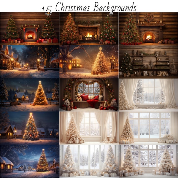 15 kerstachtergrondenbundel / witte kerstachtergrond / achtergrond van hout en open haard / boom in de dorpsachtergronden