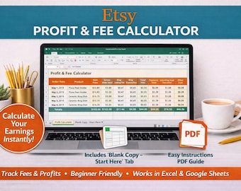 Calculadora de tarifas, hoja de cálculo, herramienta de precios para vendedores principiantes, seguimiento de tarifas, costos y ganancias netas de Etsy en Excel, herramienta para vendedores digitales.