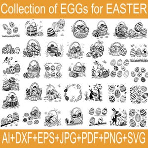 May include: A collection of 36 black and white illustrations of Easter eggs in baskets, wreaths, and other designs. The illustrations are perfect for crafting, scrapbooking, and other creative projects.