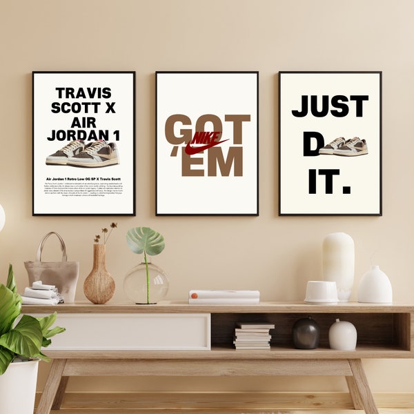 Nike Travis Scott x Air Jordan 1 Collaboration Mocha Posters, Nike Jordans, Air Jordan 1, Travis Scott Poster, Nike Posters, Wall Art