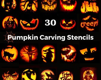 May include: A collection of 30 pumpkin carving stencils with various Halloween-themed designs. The stencils include images of haunted houses, jack-o'-lantern faces, bats, cats, and the text "creepy" and "Trick or Treat".