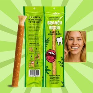 Könnte beinhalten: Eine natürliche Miswak-Wurzel-Zahnbürste mit ausgefranstem Ende, verpackt in einem hellgrünen Kunststoffbeutel mit der Aufschrift Branch Brush. Die Verpackung enthält Text, Illustrationen zur Mundhygiene und ein Foto einer Person.