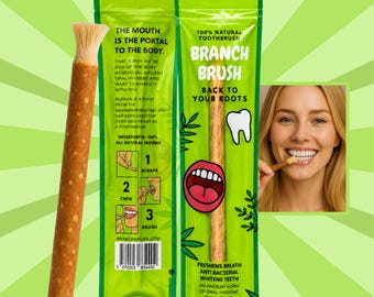May include: A natural miswak root toothbrush with a frayed end, packaged in a bright green plastic pouch labeled Branch Brush. The packaging features text, illustrations of oral hygiene steps, and a photo of a person using the product.