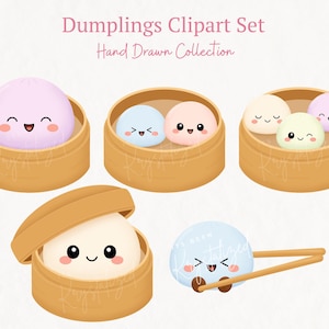May include: A digital clipart set featuring several cartoon dumplings with smiling faces, presented in bamboo steamer baskets. The dumplings are in various pastel colors, including pink, blue, and yellow. The text "Dumplings Clipart Set" and "Hand Drawn Collection" are at the top.