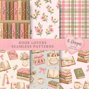 Peut inclure: Une collection numérique de six motifs sans couture présentant des illustrations sur le thème des livres. Les designs incluent des livres floraux vintage, des carreaux roses et verts, des livres ouverts avec lunettes, des bouquets et des nœuds.