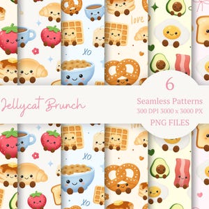 Könnte beinhalten: Sechs nahtlose Muster mit entzückenden Illustrationen zum Thema Brunch. Die Designs umfassen lächelnde Erdbeeren, Waffeln, Eier und andere Frühstückszutaten. Die Muster sind in verschiedenen Farben gehalten und enthalten den Text "Jellycat Brunch".