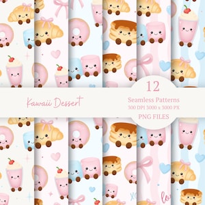 May include: A digital collection of 12 seamless patterns featuring cute, anthropomorphic dessert illustrations including croissants with pink bows, pink doughnuts, stacked pancakes, marshmallows, and milkshakes with cherries on light pastel backgrounds.