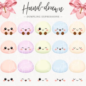 May include: A digital illustration set titled Hand-drawn DUMPLING EXPRESSIONS featuring fifteen round, pastel-coloured dumpling characters with various facial expressions, including smiling, winking, and sleeping, plus five sets of isolated facial features.