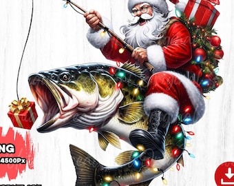 Santa Fishing Png, Bass Fishing Png, Fishing Christmas png, Fishing Santa Png, Santa Png, Christmas Bass Fishing Png, Gift for Fisherman Png