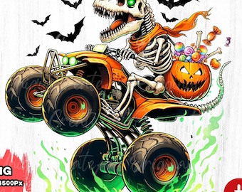May include: A Halloween-themed digital illustration of a skeleton dinosaur driving an orange ATV. The dinosaur has green eyes and is wearing an orange scarf. A jack-o'-lantern filled with candy sits behind the driver. Black bats fly in the background. The image includes the text "PNG 4500x4500Px".