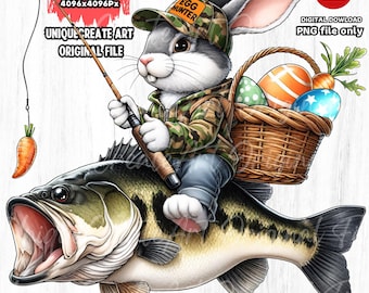 Pesca de robalo com coelho PNG de Páscoa: Clip Art engraçado de pescador (download digital)
