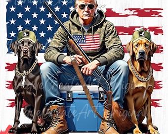Puede incluir: Una ilustración digital de un hombre con una chaqueta de camuflaje y pantalones vaqueros, sentado en una nevera azul con dos perros. El hombre sostiene una escopeta y lleva una bandana de bandera estadounidense roja, blanca y azul. Los perros llevan gorras de camuflaje y cadenas de oro. El fondo es una bandera estadounidense.