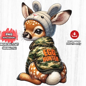 May include: A cartoon illustration of a fawn wearing a gray bunny hat and a camouflage jacket with the text "Egg Hunter" on the front. The fawn has brown eyes and a spotted body.