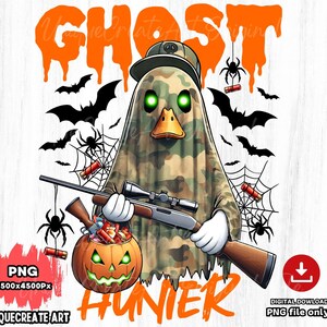 May include: A cartoon ghost wearing camouflage and a hunting hat, holding a rifle and a pumpkin bucket filled with candy. The ghost has green eyes and a duck bill. The background is orange with bats and spiderwebs. The text "Ghost Hunter" is written in orange letters.