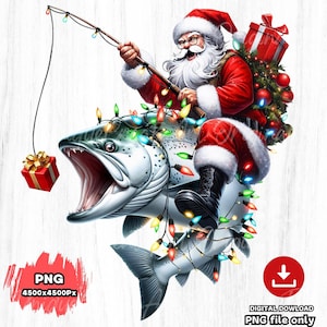 Papá Noel pescando PNG, pesca de salmón real PNG, pesca de Navidad PNG, Papá Noel pescando PNG, Papá Noel PNG, salmón real de Navidad, regalo para pescador