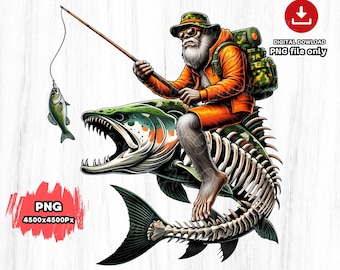 Funny Bigfoot Fishing Salmon Skeleton PNG - Fisherman Gift (Digital Download)