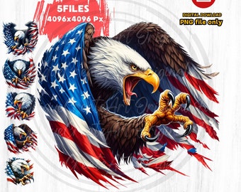 May include: A digital illustration of a bald eagle with its wings spread, incorporating the American flag design. The eagle has a white head, brown body, and a yellow beak and talons. The image includes the text "5FILES 4096x4096 Px" and "5Files Eagle American flag - PNG File".