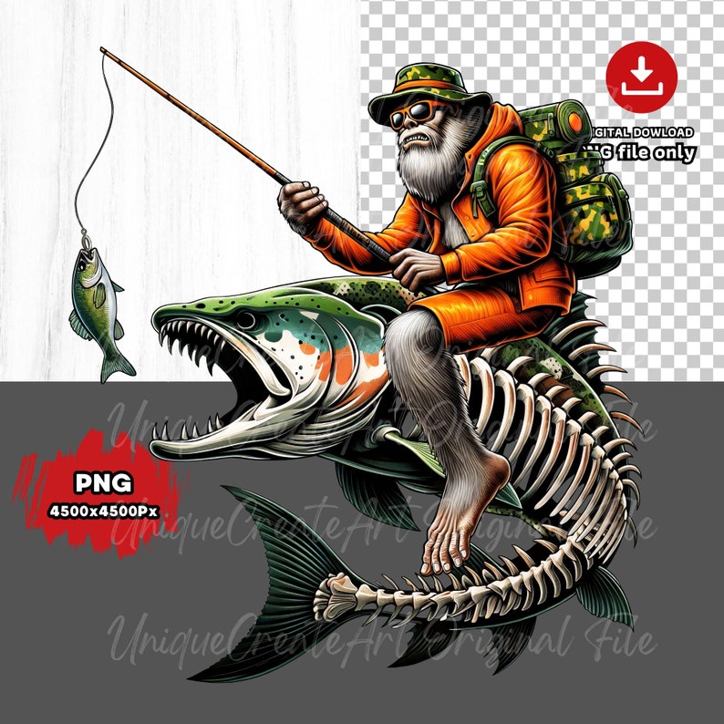 Funny Bigfoot Fishing Salmon Skeleton PNG - Fisherman Gift (digital ...