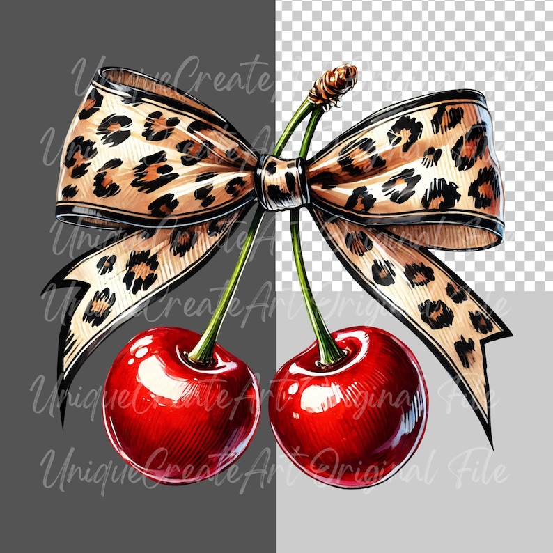 May include: Two red cherries with green stems tied together with a brown and black leopard print bow.