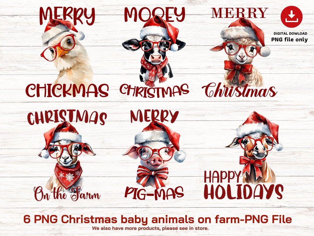 Watercolor Christmas Farm Animals PNG: Holiday Clipart (digital ...