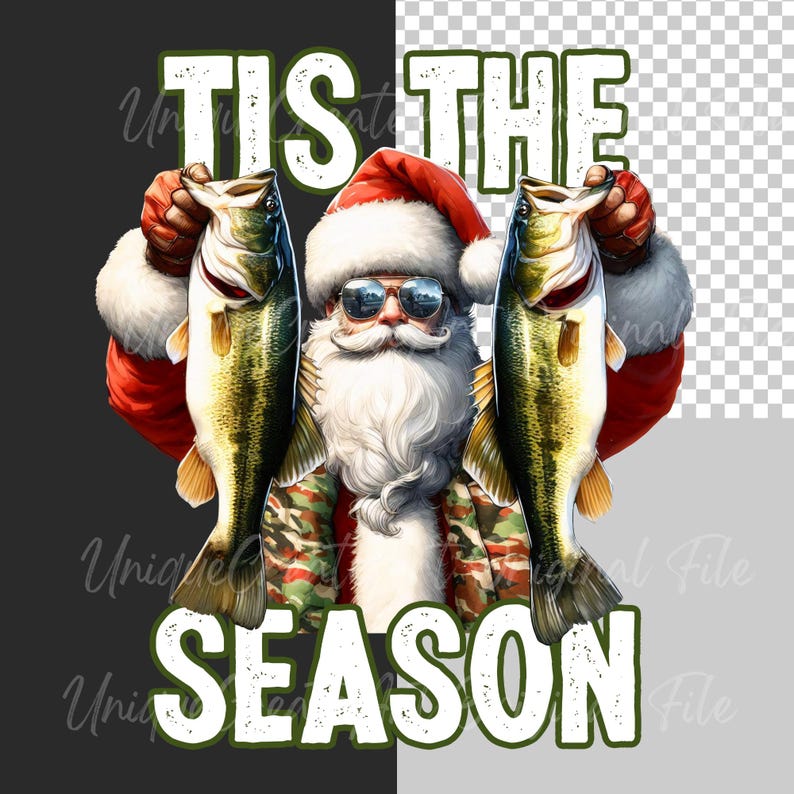May include: Santa Claus wearing sunglasses and a camouflage jacket is holding two largemouth bass fish. The text "Tis the Season" is written in green letters above him.