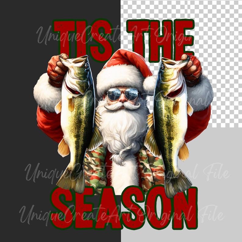 May include: Santa Claus wearing sunglasses and a camouflage jacket is holding two largemouth bass fish. The text 'Tis the Season' is written in red letters above him.
