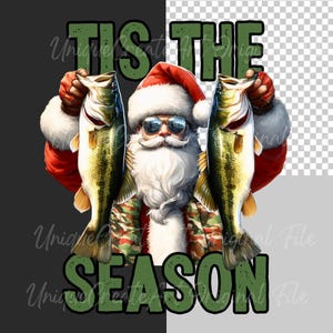 May include: Santa Claus wearing sunglasses and a camouflage jacket is holding two largemouth bass fish. The text "Tis the Season" is written in green letters above him.