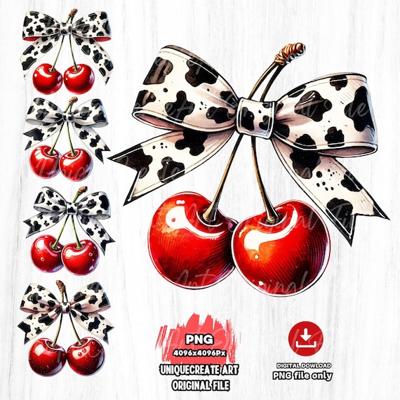 Cow Bow Cherry PNG: Farm Valentines Clipart (Digital Download)