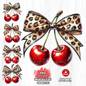May include: A digital illustration of two red cherries with a leopard print bow. The cherries are drawn in a realistic style with glossy highlights. The bow is tied around the stems of the cherries.