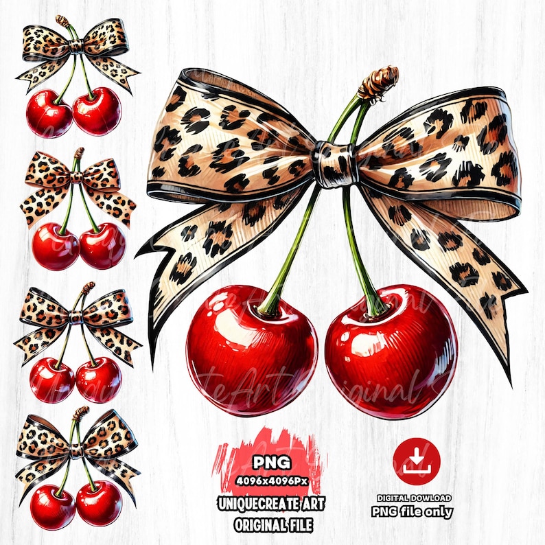 May include: A digital illustration of two red cherries with a leopard print bow. The cherries are drawn in a realistic style with glossy highlights. The bow is tied around the stems of the cherries.