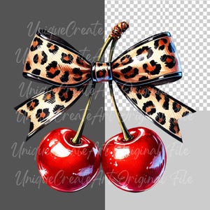May include: Two red cherries with green stems and leaves tied together with a brown and black leopard print bow.